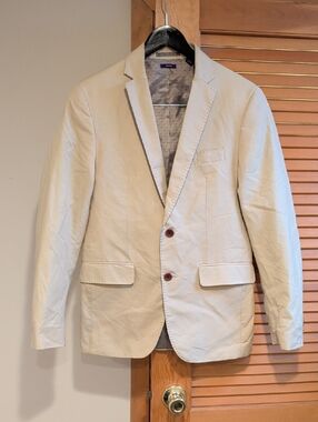 American Rag Light Beige Blazer with Subtle Purple Diamond Lining